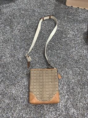 Coach Beige Signature Canvas Crossbody with Cream Strap and Tan Trim